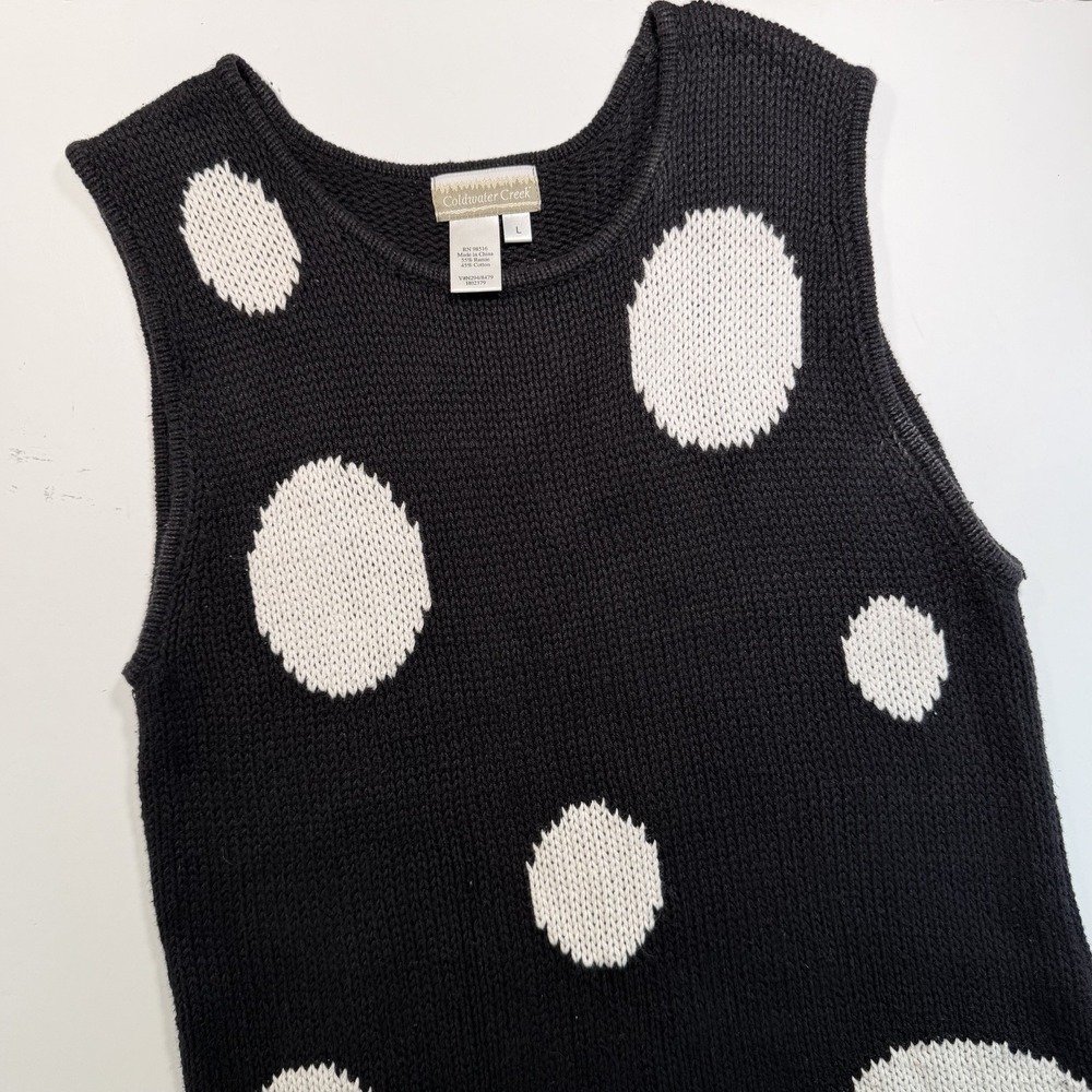 Coldwater Creek Sleeveless Sweater Top Black White Dots L Cotton Blend Whimsical